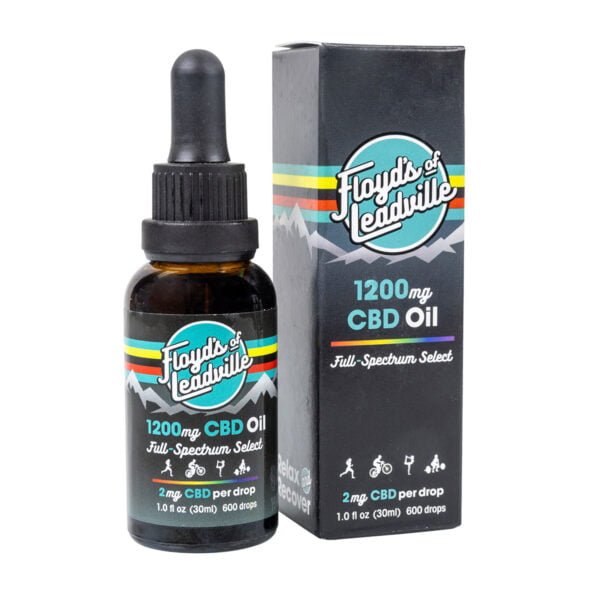 A tincture dropper bottle with Floyds of Leadville 1200mg Full Spectrum CBD Oil and a box for Floyds of Leadville 1200mg Full Spectrum CBD Oil