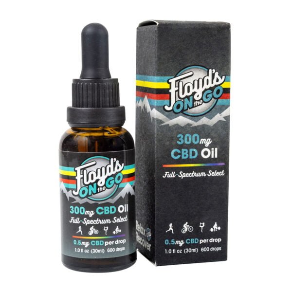 A tincture dropper bottle with Floyds of Leadville 300mg Full Spectrum CBD Oil and a box for Floyds of Leadville 300mg Full Spectrum CBD Oil