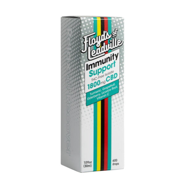 A box with Floyds of Leadville 1800mg THC-Free Isolate Immunity tincture CBD Oil with turmeric grapefruit elderberry licorice root and vitamin c