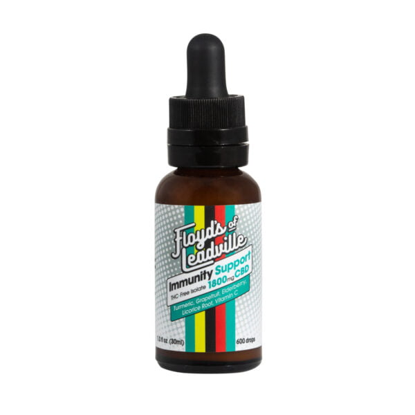 A dropper bottle with Floyds of Leadville 1800mg THC-Free Isolate Immunity tincture CBD Oil with turmeric grapefruit elderberry licorice root and vitamin c