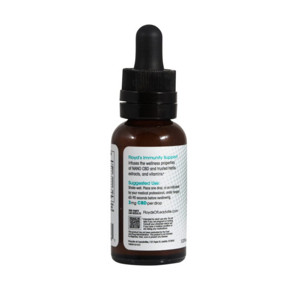 A dropper bottle with Floyds of Leadville 1800mg THC-Free Isolate Immunity tincture CBD Oil with turmeric grapefruit elderberry licorice root and vitamin c