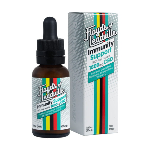 A dropper bottle with Floyds of Leadville 1800mg THC-Free Isolate Immunity tincture CBD Oil with turmeric grapefruit elderberry licorice root and vitamin c and a box for Floyds of Leadville 1800mg THC-Free Isolate Immunity tincture CBD Oil