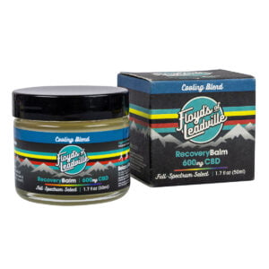 A container of Floyds of Leadville Recovery Balm Cooling Blend with 600mg of Full-Spectrum Select CBD and a box of Floyds of Leadville Recovery Balm Cooling Blend with 600mg of Full-Spectrum Select CBD