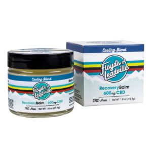 A container of Floyds of Leadville Recovery Balm Cooling Blend with 600mg of THC-Free Isolate CBD and a box of Floyds of Leadville Recovery Balm Cooling Blend with 600mg of THC-Free Isolate CBD