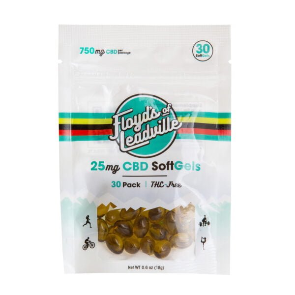 A package of Floyds of Leadville 30 count 25mg THC-Free Isolate CBD Oil SoftGels
