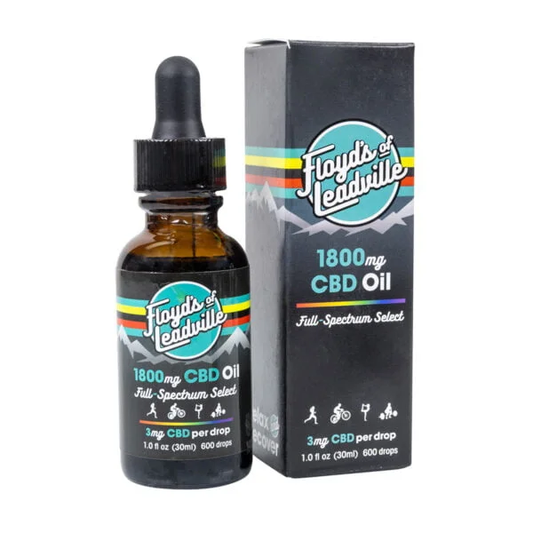 A tincture dropper bottle with Floyds of Leadville 1800mg Full Spectrum CBD Oil and a box for Floyds of Leadville 1800mg Full Spectrum CBD Oil
