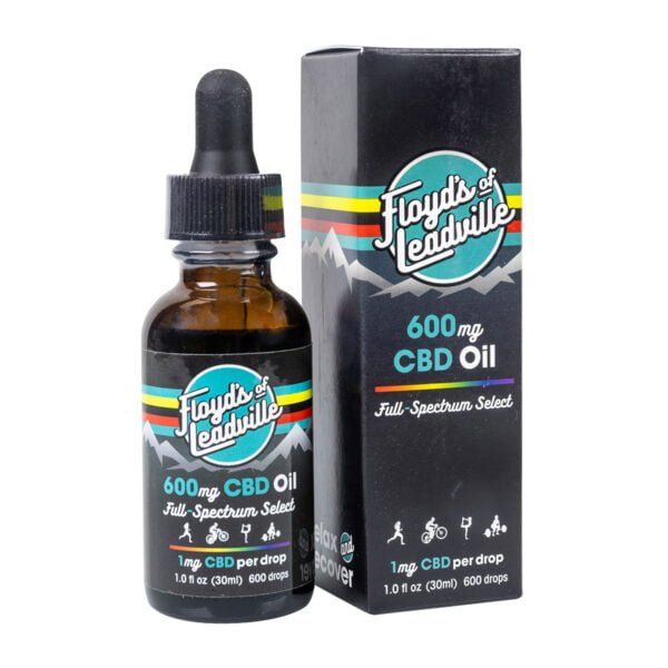 A tincture dropper bottle with Floyds of Leadville 600mg Full Spectrum CBD Oil and a box for Floyds of Leadville 600mg Full Spectrum CBD Oil