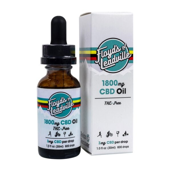 A tincture dropper bottle with Floyds of Leadville 1800mg of THC-Free Isolate CBD Oil and a box for Floyds of Leadville 1800mg THC-Free Isolate CBD Oil