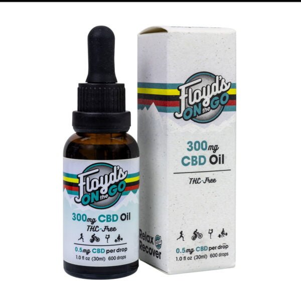 A tincture dropper bottle with Floyds of Leadville 300mg of THC-Free Isolate CBD Oil and a box for Floyds of Leadville 300mg THC-Free Isolate CBD Oil