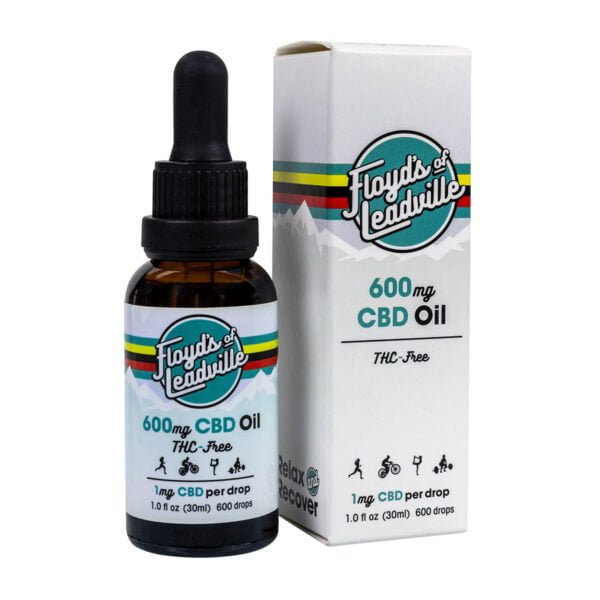 A tincture dropper bottle with Floyds of Leadville 600mg THC-Free Isolate CBD Oil and a box for Floyds of Leadville 600mg THC-Free Isolate CBD Oil