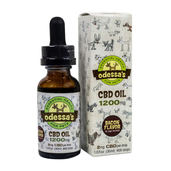A tincture dropper bottle with Odessas Essential Health for Pets 1200mg Full Spectrum Bacon Flavored CBD Oil and a box with Odessas Essential Health for Pets 1200mg Full Spectrum Bacon Flavored CBD Oil