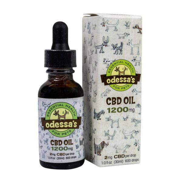 A tincture dropper bottle with Odessas Essential Health for Pets 1200mg Full Spectrum CBD Oil and a box with Odessas Essential Health for Pets 1200mg Full Spectrum CBD Oil