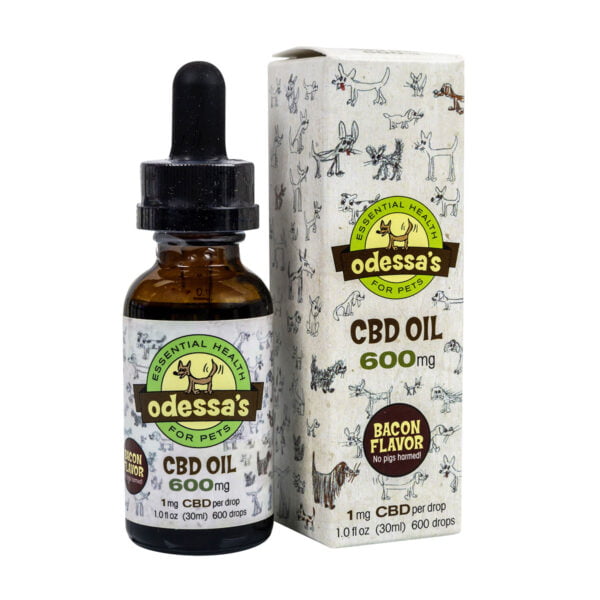 A tincture dropper bottle with Odessas Essential Health for Pets 600mg Full Spectrum Bacon Flavored CBD Oil and a box with Odessas Essential Health for Pets 600mg Full Spectrum Bacon Flavored CBD Oil