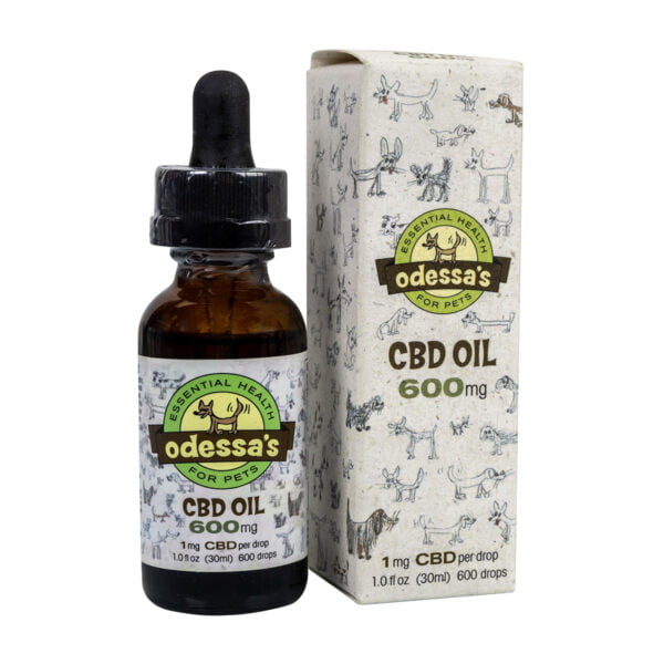 A tincture dropper bottle with Odessas Essential Health for Pets 600mg Full Spectrum CBD Oil and a box with Odessas Essential Health for Pets 600mg Full Spectrum CBD Oil